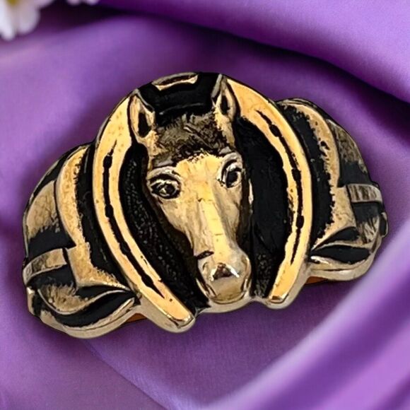 Vintage Clark and Coombs Ring Size 12 Horse & Horseshoe 18K Gold Plate Derby 14P - Picture 1 of 10